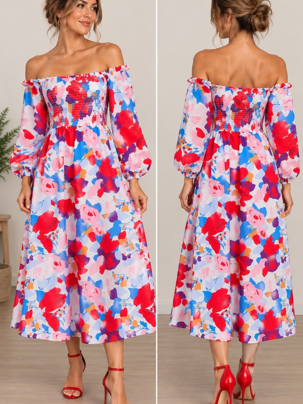 SHEIN Red Multi Off-Shoulder Floral Midi Dress Size XS